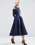 Asos White Bonded Satin Midi Dress With Cold Shoulder - Navy