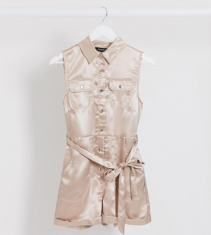 Parisian Petite Satin Utility Tie Waist Romper In Pink
