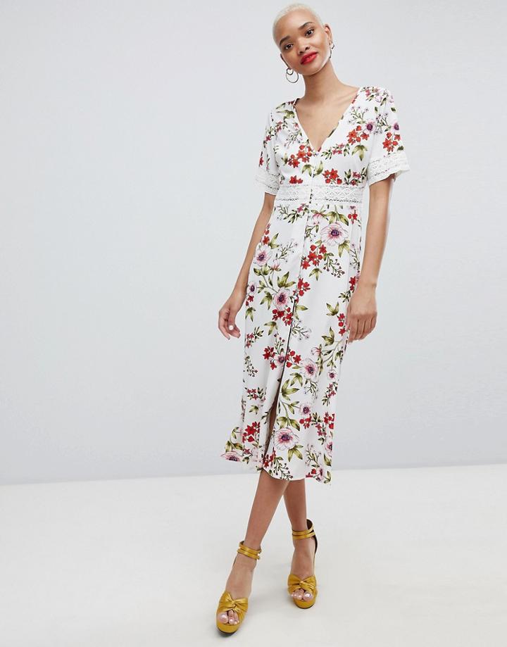 Prettylittlething Floral Broderie Insert Midi Dress - White