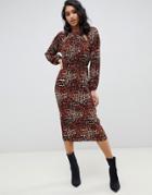 Asos Design Plisse Midi Dress With Cut Outs In Leopard Print - Multi