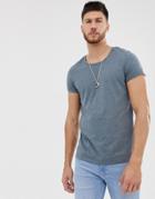 Asos Design T-shirt With Scoop Neck With Roll Sleeve In Blue - Blue