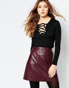 Daisy Street Ribbed Top With Lace Up Front - Black