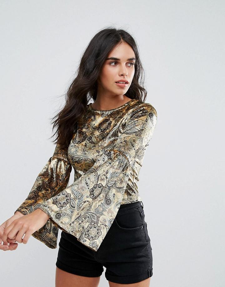 Oeuvre Flare Sleeve Printed Top - Yellow