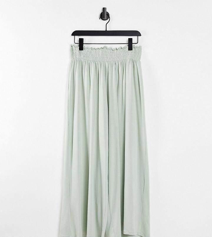 Asos Design Curve Culotte Pant With Shirred Waist In Sage-green
