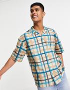 Topman Oversize Watercolor Check Shirt In Stone And Blue-blues