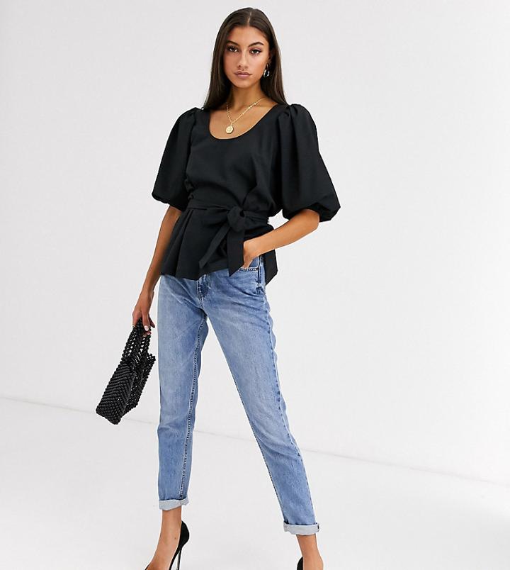 Asos Design Tall Puff Sleeve Top In Textured Fabric-black