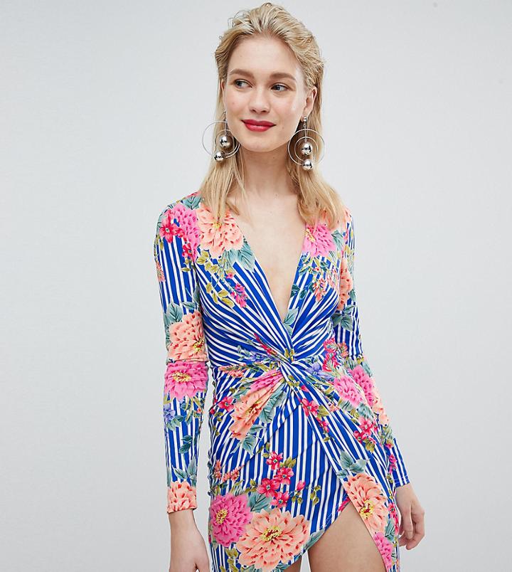 Flounce London Twist Front Mini Dress In Multi Floral - Multi