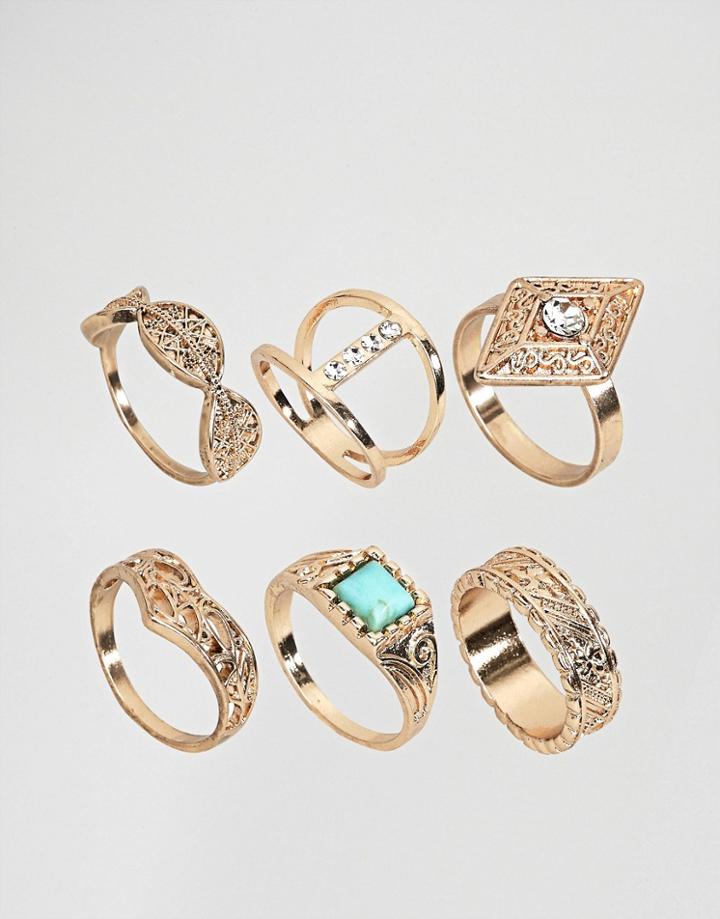 Asos Pack Of 6 Gold Festival Rings - Gold