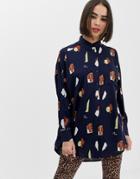 Monki Oversized Longline Blouse With Face Print In Navy - Multi