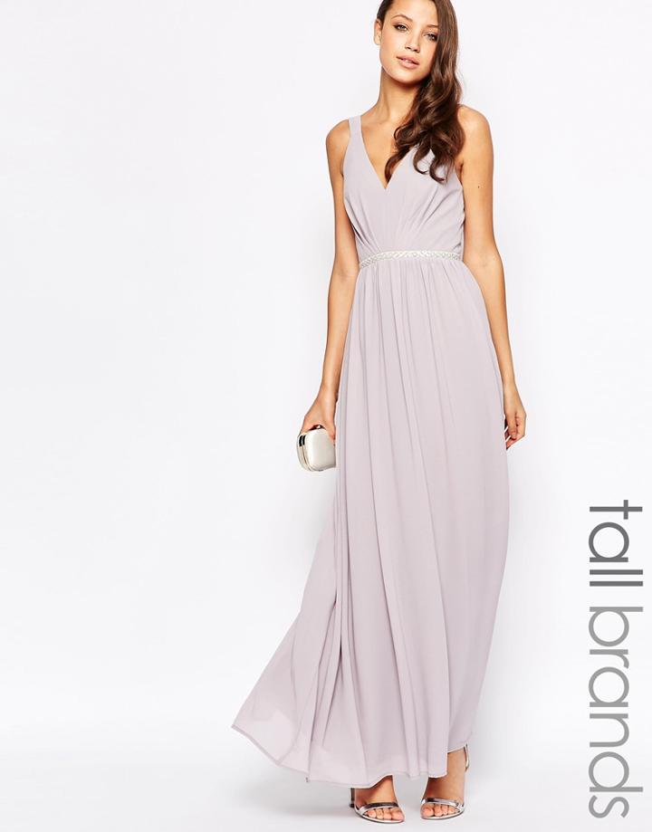 Jarlo Tall V Neck Maxi Dress In Chiffon With Embellished Waist - Gray