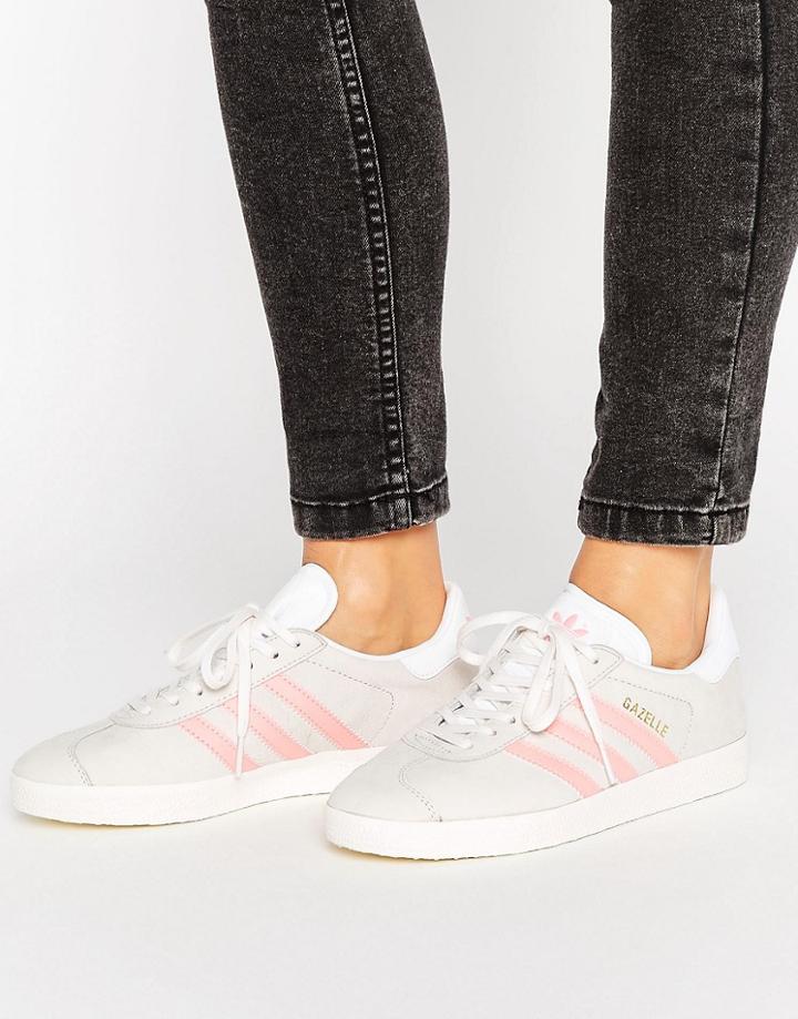 Adidas Originals Pastel Gray And Pink Gazelle Sneakers - White