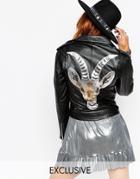 Milk It Vintage Leather Biker Jacket With Sequin Rams Head Back Detail - Black