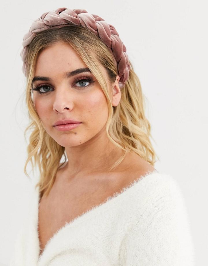 Asos Design Padded Braid Headband In Blush Pink Velvet
