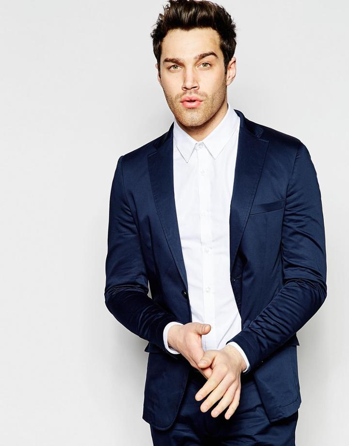 Vito Casual Cotton Suit Jacket In Skinny Fit - Navy
