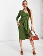 Asos Design Long Sleeve One Shoulder Tie Front Midi Dress In Khaki-green