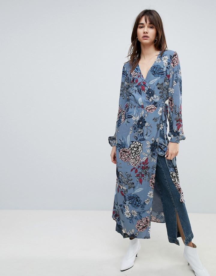 Gestuz Floral Printed Wrap Midi Kimono Dress - Blue