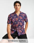Asos Design Camp Collar Shirt In Navy And Burgundy Paisley Print