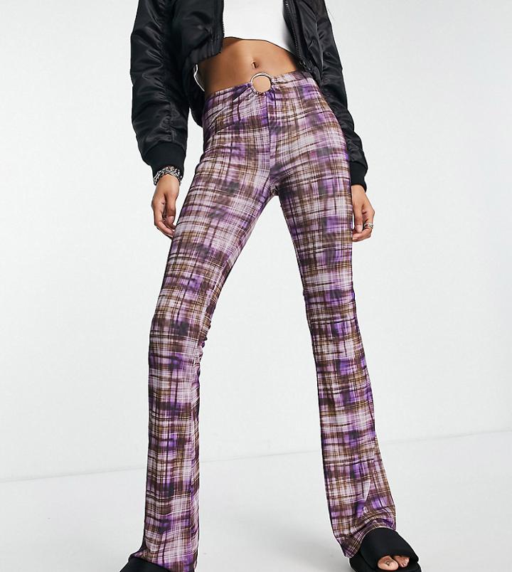 Topshop Tall Mesh Key Hole Flared Pants In Purple Check