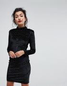 Club L Long Sleeve High Neck Velvet Dress With All Over Embellishment-black