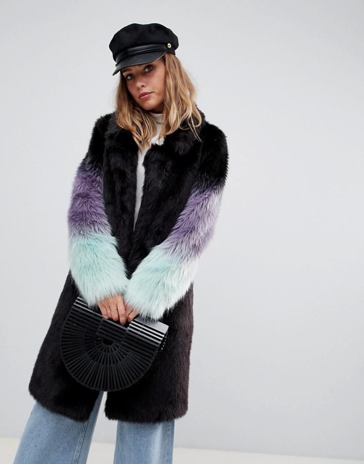 Urbancode Longline Coat With Ombre Faux Fur Sleeves - Black