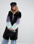 Urbancode Longline Coat With Ombre Faux Fur Sleeves - Black