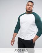 Asos Plus 3/4 Sleeve T-shirt With Contrast Raglan And Stepped Hem - White
