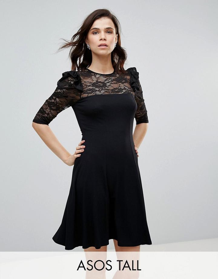 Asos Tall Mini Swing Dress With Lace Panel And Frill - Black