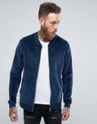 Asos Bomber Jacket In Navy Velour - Navy