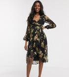 Asos Design Maternity Wrap Waist Midi Dress With Double Layer Skirt And Long Sleeve In Black Floral Print-multi