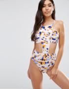 Asos Bright Smudge Print High Neck Cut Out Swimsuit - Multi