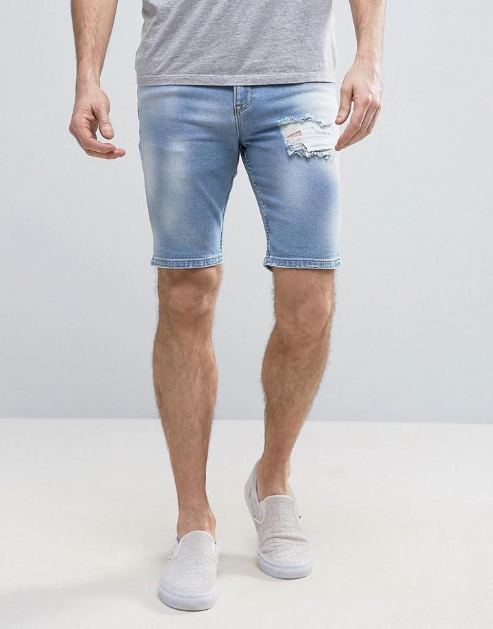 Asos Denim Shorts In Super Skinny Light Blue With Bleach Spots And Rip - Blue