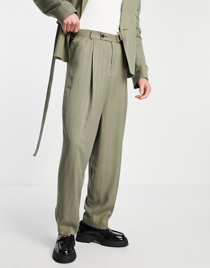 Asos Design High Waist Balloon Suit Pants In Olive Herringbone-green