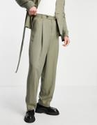 Asos Design High Waist Balloon Suit Pants In Olive Herringbone-green