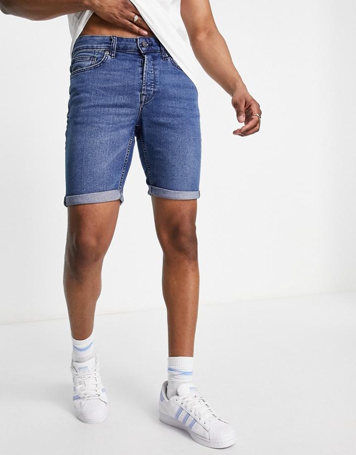 Only & Sons Slim Fit Denim Shorts In Mid Blue