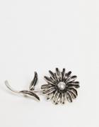 Asos Design Brooch With Floral Design In Burnished Silver Tone