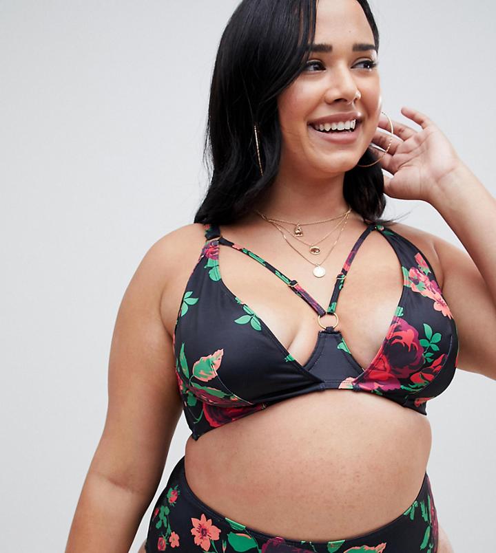 Wolf & Whistle Curve Underwired Floral Bikini Top In Black Multi - Multi
