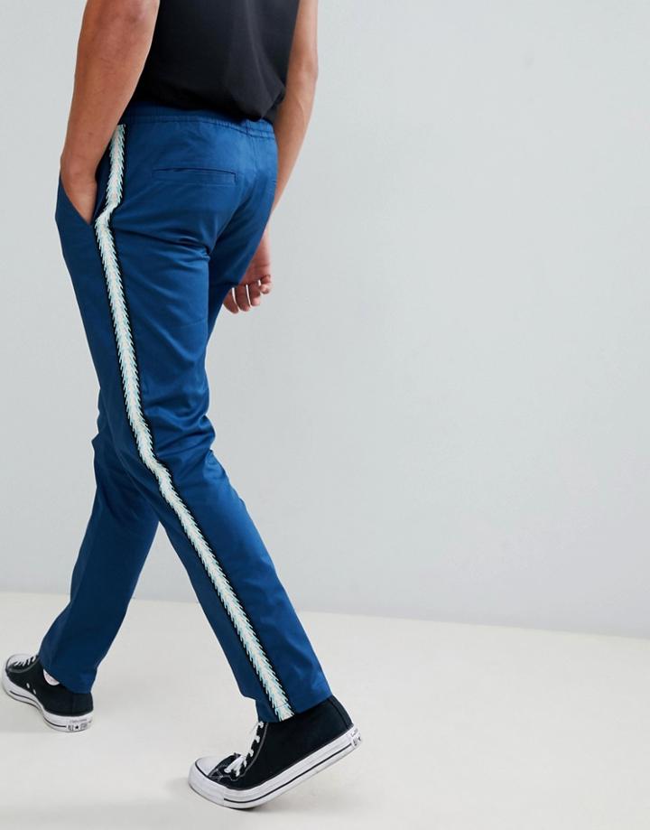 Asos Design Slim Pants In Blue With Side Taping - Blue