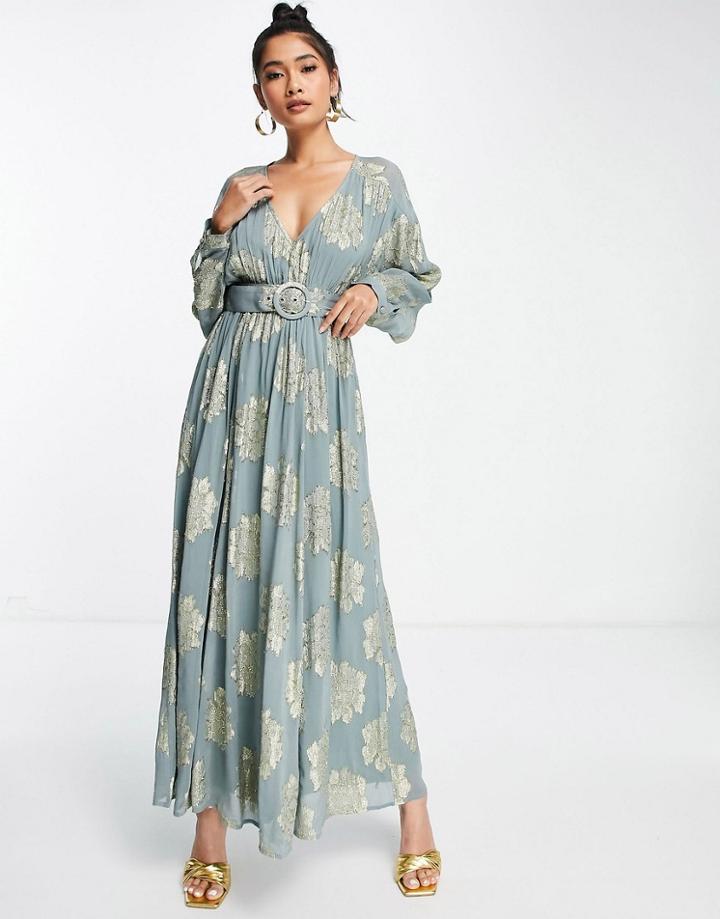 Asos Design Belted Batwing Maxi Tea Dress In Metallic Jacquard-multi