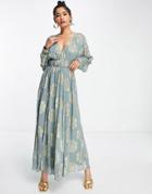 Asos Design Belted Batwing Maxi Tea Dress In Metallic Jacquard-multi