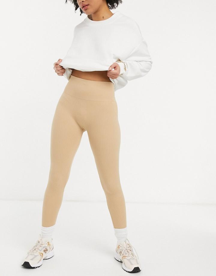 Stradivarius Seamless Ribbed Leggings In Beige-yellow