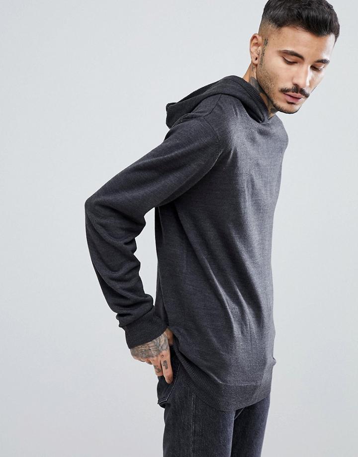 Process Black Knitted Fine Guage Hoodie - Gray