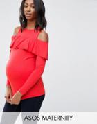 Asos Maternity Top With Cold Shoulder Ruffle Detail - Red