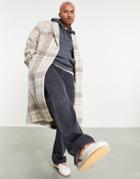 Asos Design Oversized Longline Wool Mix Check Overcoat In Ecru-blonde
