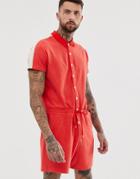 Asos Design Towelling Short Jumpsuit With Side Stripe In Red - Red