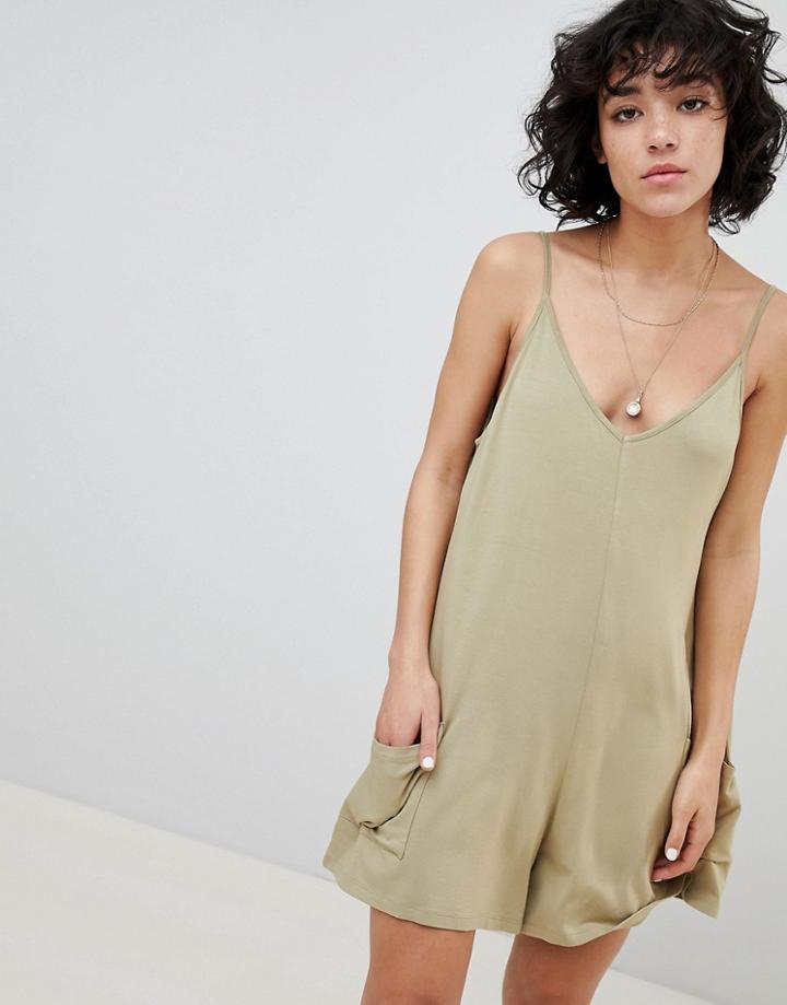 Asos Design Jersey Minimal Romper With Pockets - Beige