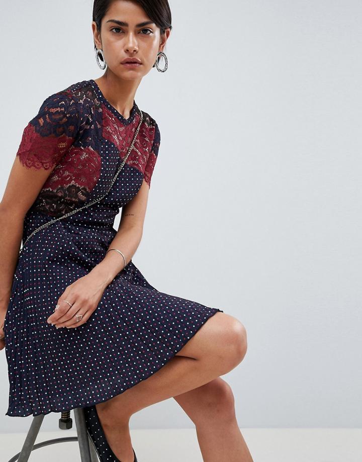 French Connection Phoebe Mix Lace Polka Dot Dress-red