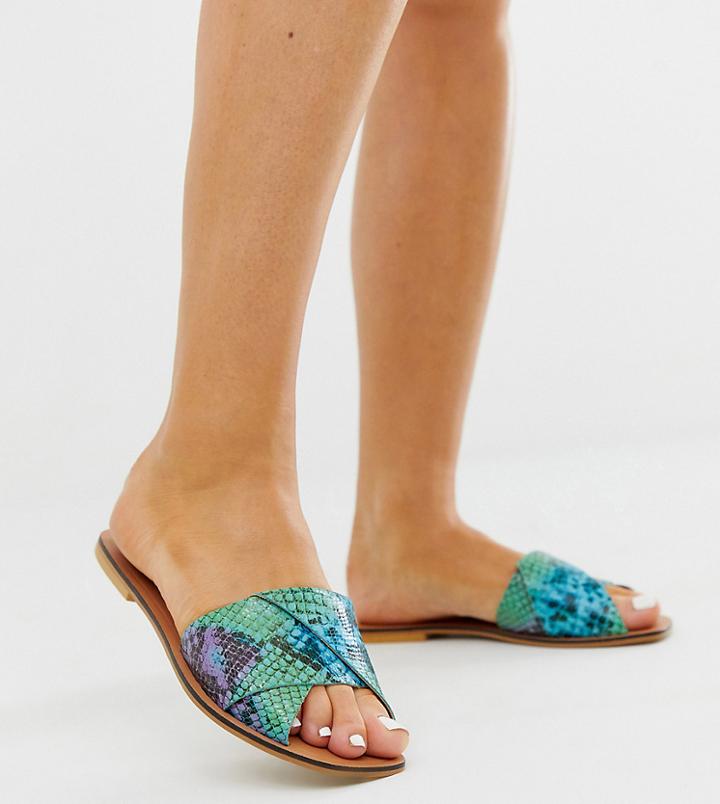 Asos Design Wide Fit Favoured Leather Sandals In Snake - Multi