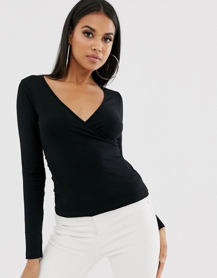 Asos Design Deep Wrap Top In Black