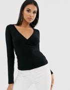 Asos Design Deep Wrap Top In Black