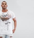 Religion Tall Longline T-shirt With Curved Hem In Skull Rose Print - White